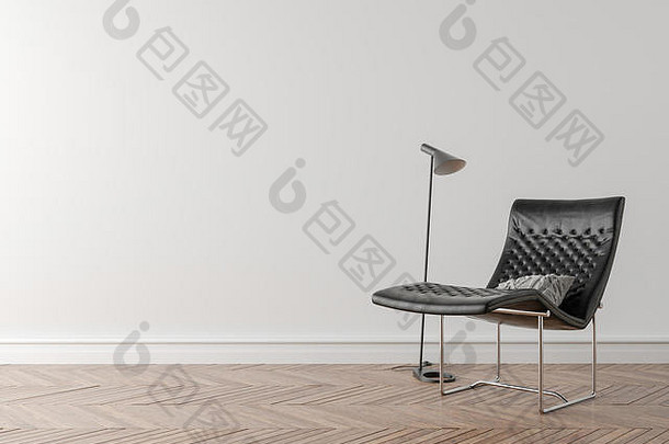 空房间里的椅子和夜灯。地板上的拼花地板。墙壁艺术背景。三维插图。