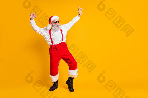 x-mas节日庆祝活动完整的大小照片疯狂的时髦的圣诞老人老人俱乐部会员红色的他享受圣诞节诺埃尔仙女聚会，派对跳舞穿衬衫