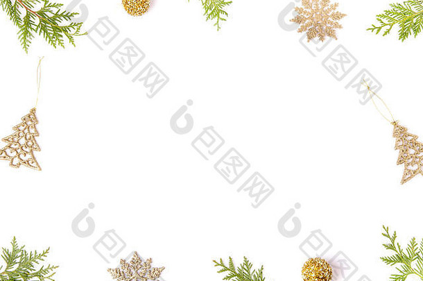 圣诞节假期作文节日有创意的金模式圣诞节黄金装饰假期球丝带雪花圣诞节树白色背景