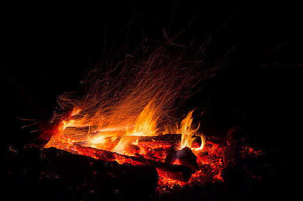 夏季夜间在森林中燃起营火。