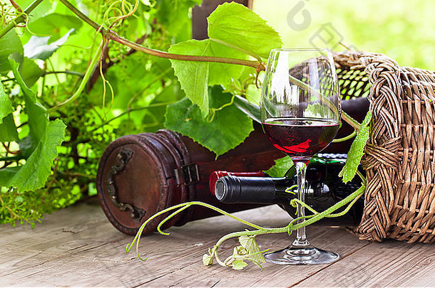 瓶玻璃红色的酒葡萄园