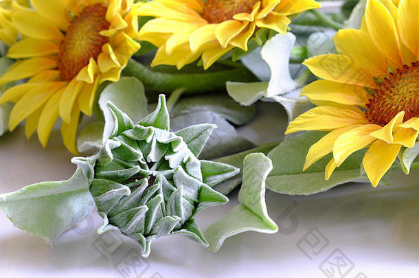 令人惊异的粘土花手工制作的产品首页装饰<strong>向日葵花束</strong>布鲁姆黄色的绿色叶白色背景美丽的人工花