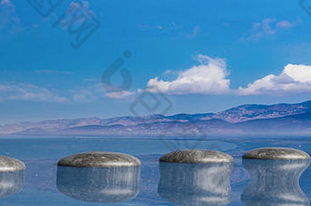 Zen石头行大小水蓝色的天空和平景观背景插图