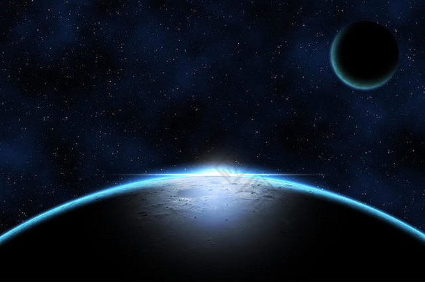 巨大的蓝色行星映衬着繁星闪烁的宇宙天空，基于业余月球天体摄影的幻想图像