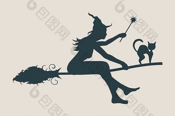 飞行的年轻女巫偶像。扫帚上的女巫剪影