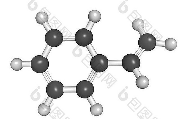 苯乙烯（乙烯基苯）、聚苯乙烯（PS）塑料砌块的化学结构。
