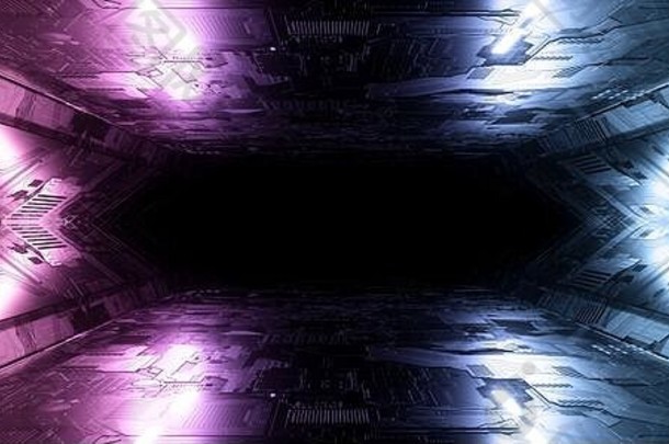 示意图主板纹理蓝色的紫色的激光外星人宇宙飞船黑暗晚上展厅停车仓库隧道走廊空空间背景渲染
