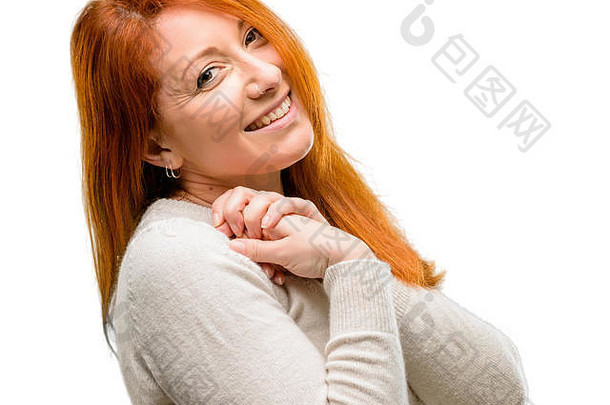美丽的<strong>年</strong>轻的红色头发的人女人自信快乐大自然微笑笑孤立的白色背景