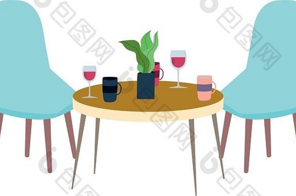 餐厅或咖啡厅的椅子、窗台和葡萄酒咖啡杯