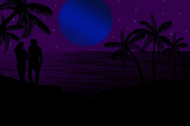 夫妇热带海景美丽的蓝色的晚上背景插图