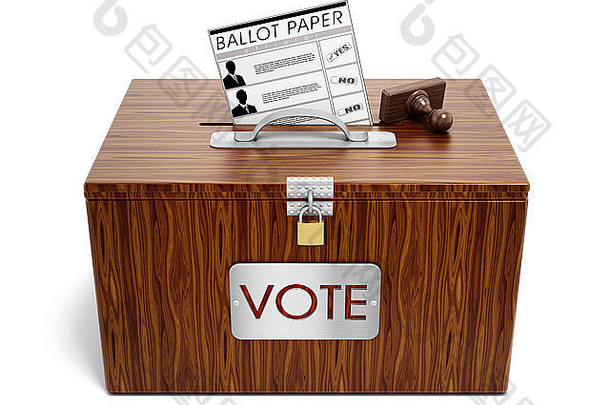 白色背景的投票箱、邮票和选票。
