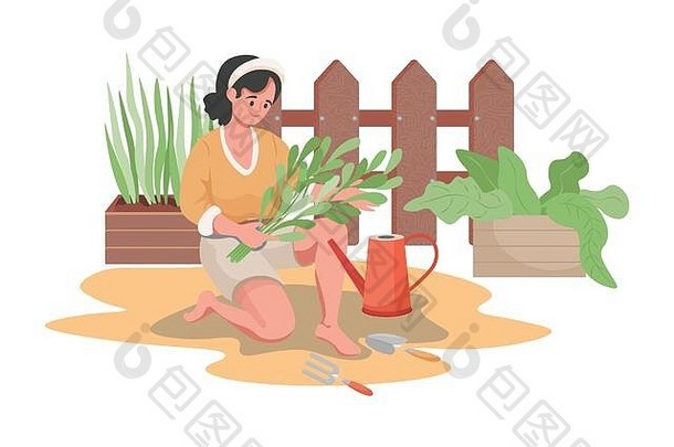 快乐微笑的女人种植和浇灌花园里的花卉或蔬菜。夏季园艺，农业园丁爱好，放松周末的自然概念。