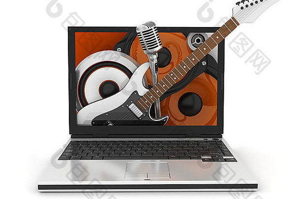 白色背景上的音乐笔记本电脑