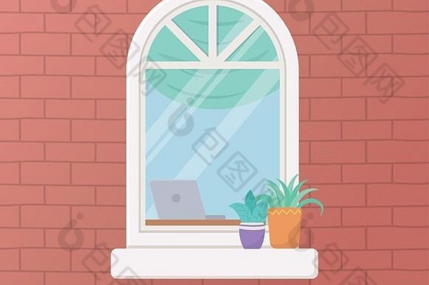 待在家中隔离，桌面上的砖墙窗户笔记本电脑和植物媒介插图