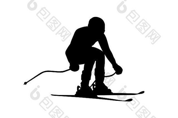 激流回旋巨大的黑色的轮廓男人。运动员滑雪
