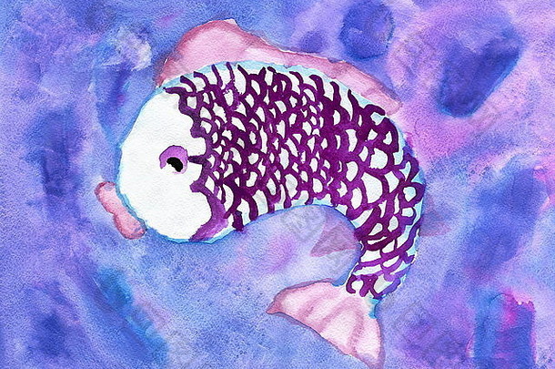 水下紫鱼儿童画，水彩画