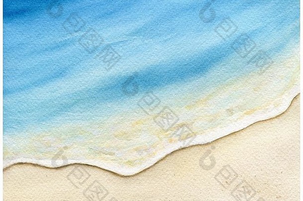 水彩沙滩画背景，夏天的金色沙滩和蓝色海水，水彩沙滩场景，