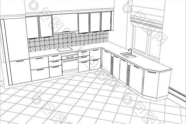 室内厨房抽象素描设计。三维图形的创建