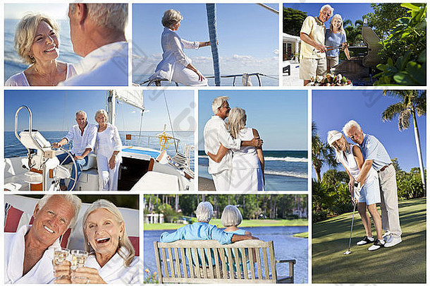 蒙太奇健康的生活方式高级退休人夫妻航行喝吃玩高尔夫球