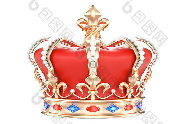 金色皇冠，在白色背景上隔离3D渲染