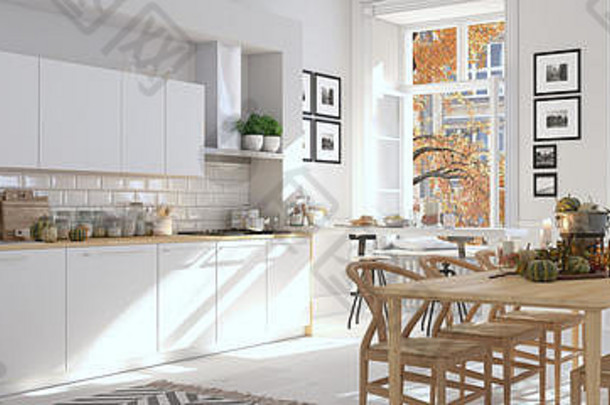 公寓里的北欧厨房。三维渲染。感恩节的概念。
