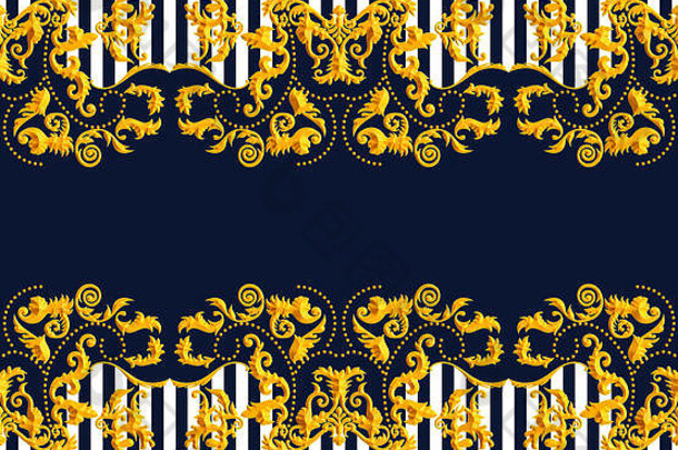 无缝金色巴洛克式豪华设计，线条以深蓝色为背景。复古风格图案，可用于纺织品和丝绸印花。