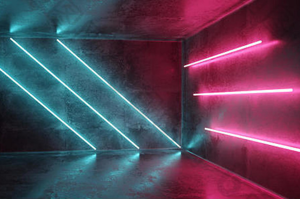 sci蓝色的粉红色的紫色的霓虹灯未来主义的赛博朋克发光的复古的现代充满活力的灯激光显示空阶段房间大厅反光混凝土难看的东西库鲁