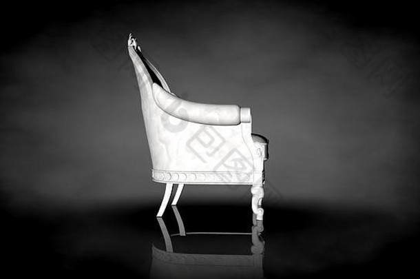 具有地面反射的黑色背景上白色椅子的三维渲染