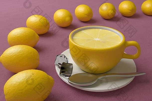 <strong>粉</strong>红色桌布上的冰柠檬茶，杯子的质地和柠檬一样。三维插图