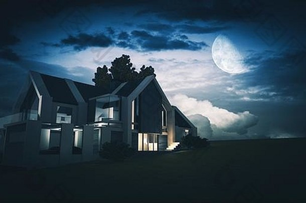 房子的概念三维在晚上。大月亮和多云的天空。现代单户住宅模式。