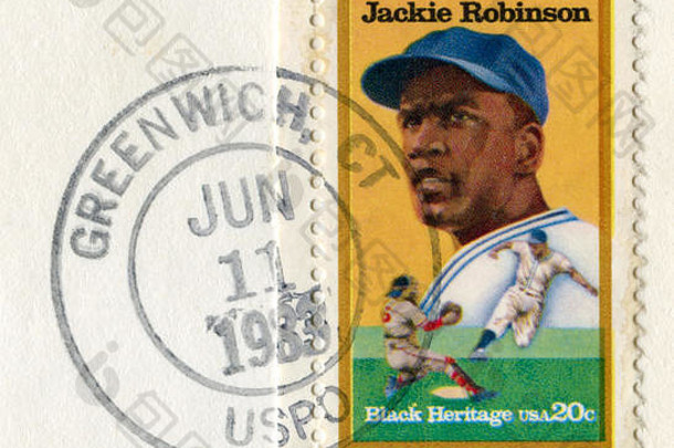 美国康涅狄格州格林威治，1983年6月11日：美国历史邮票：杰基·罗宾逊是美国职业棒球运动员，在美国职业棒球大联盟打球