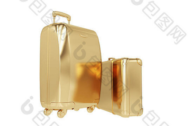白色旅行用的金色手提箱。三维渲染