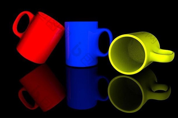 在<strong>纯色背景</strong>上分离的三个咖啡杯的3D渲染