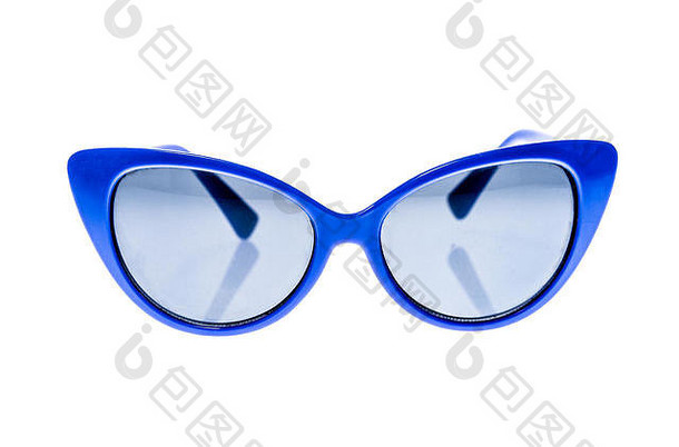 蓝色儿童太阳镜、遮阳帘或隔离在白色背景上的眼镜。彩色<strong>儿童眼镜</strong>，防止阳光和紫外线照射。太阳p的概念