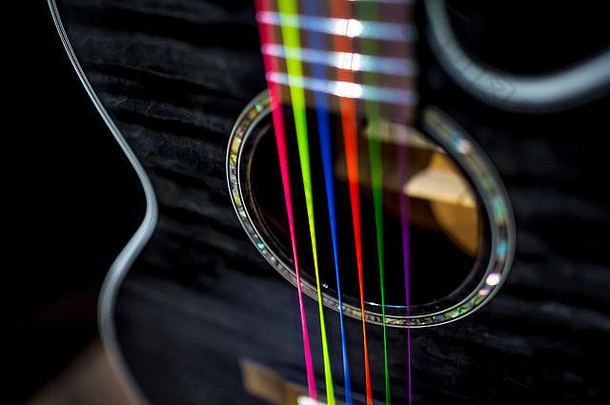 电声拔出黑色吉他与彩色彩虹弦暗背景