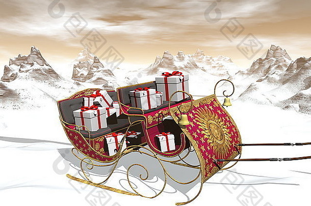 圣诞圣诞圣诞老人雪橇充满礼物日落-3D渲染