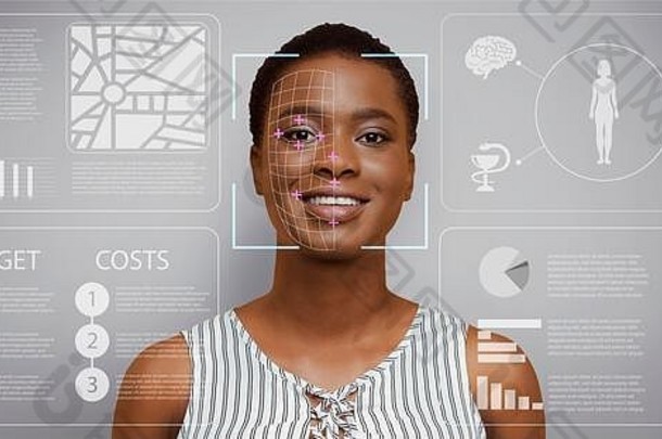 通过虚拟计算机屏幕上的分析，在灰色背景上对非洲裔美国女孩进行面部扫描，全景