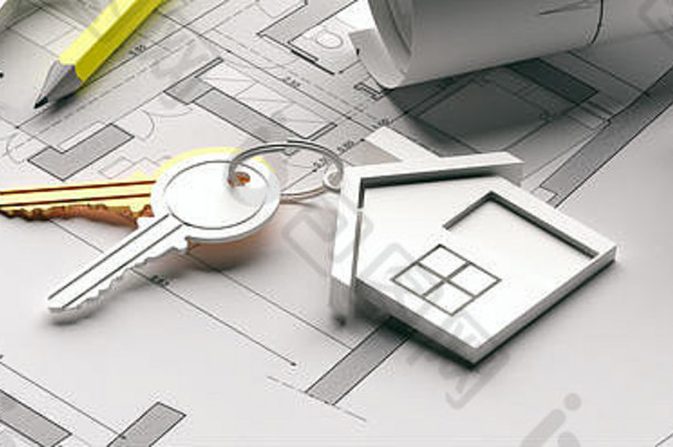 房地产、住宅项目建设理念、房屋钥匙和建筑蓝图规划、旗帜。三维插图