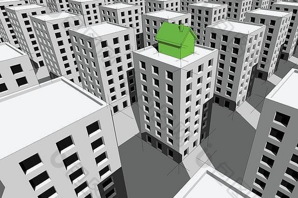<strong>绿</strong>色生态独立住宅建在公寓楼的顶部，周围环绕着许多灰色的公寓楼