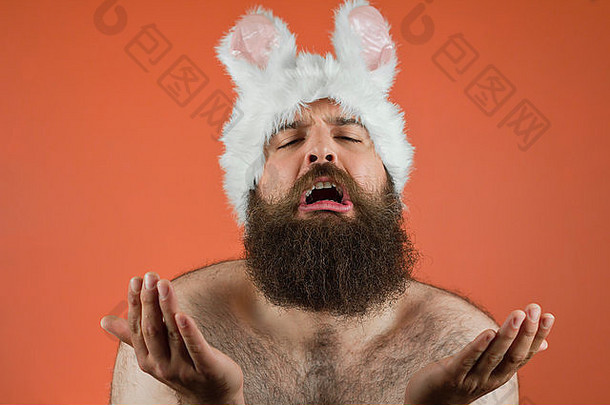 一个留着胡子的胖子戴着一双愚蠢的兔子耳朵