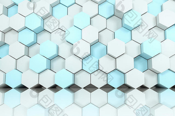 三维渲染，白色六边形立方体。电脑数字绘图，灯光背景。
