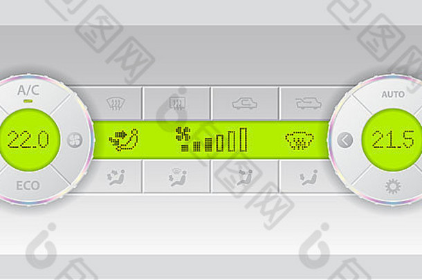 数字空调白色仪表板设计，带双ac和绿色lcd