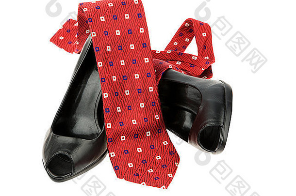 黑色的女士们鞋子业务女人红色的领带