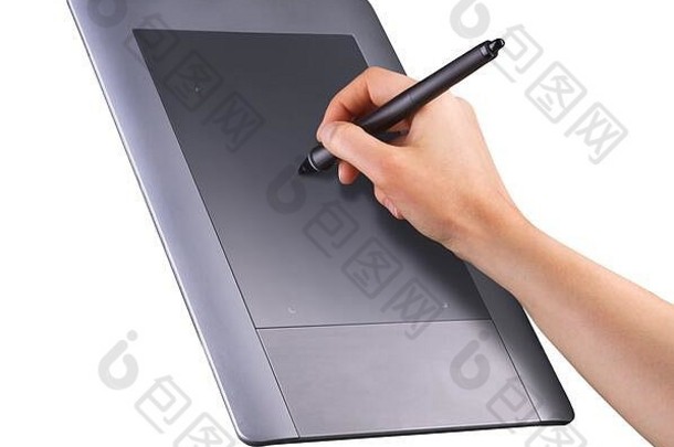 手持式数字图形笔和绘图绘图板在白色屏幕上隔离