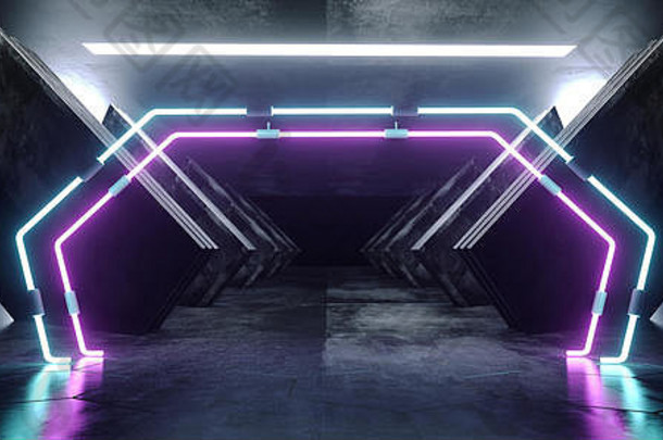 三角形未来主义激光霓虹灯发光紫蓝色粉色科幻黑暗空飞船外星人走廊隧道反射混凝土垃圾振动虚拟R
