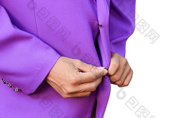 帅气优雅的年轻时尚男士，紫色套装，白色底色系纽扣