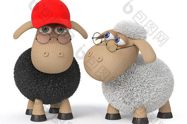 3d插图有趣的毛茸茸的绵羊做不同的事情/毛茸茸的农场动物自娱自乐