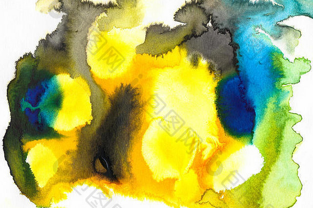 蓝色绿色、橙色、黄色和白色丙烯酸和水彩画艺术、抽象背景、飞溅、油漆、墨水、水滴、污渍