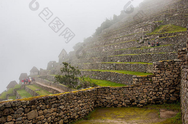马丘比丘的历史遗迹在自然中失去了城市，在雾中失去了农耕梯田。秘鲁。南美洲。没有人。