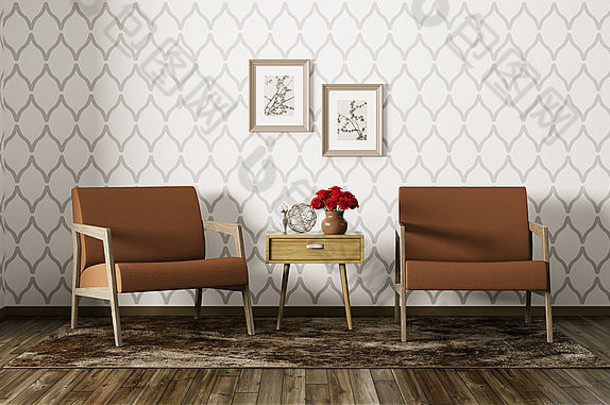 客厅的现代内部，配有两张扶手椅和侧桌3d渲染